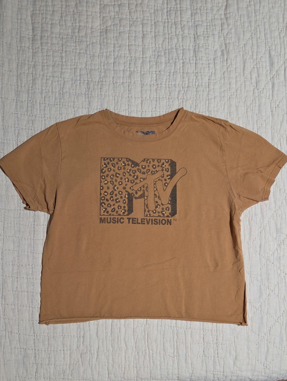 Vintage MTV Leopard Logo Cropped Tee - Tan/Brown XL